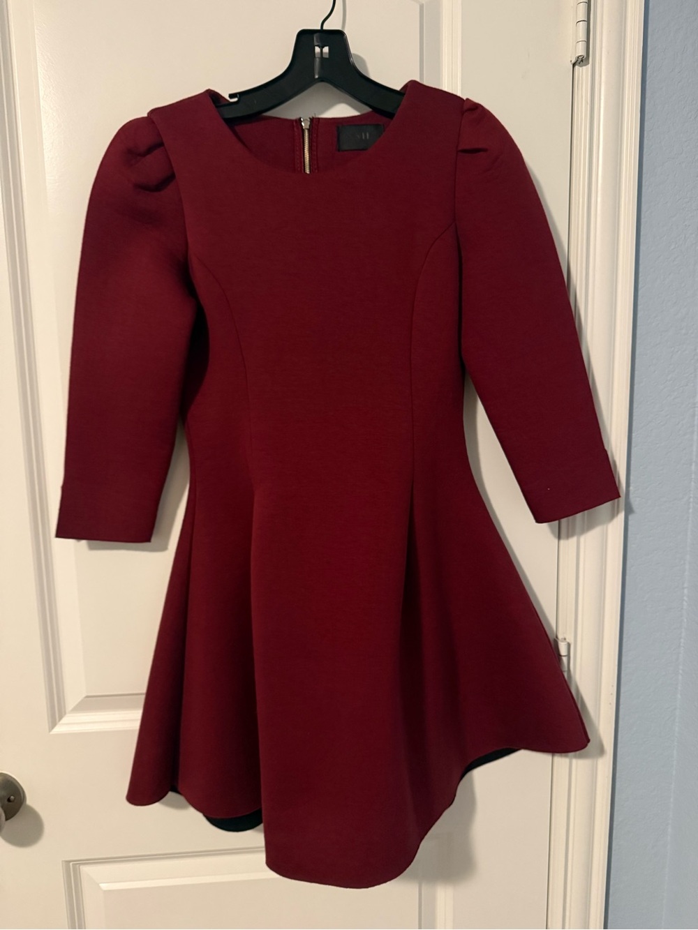 Women's Burgundy Midi Fit-and-Flare Dress with Puff Sleeves